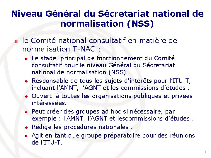 Niveau Général du Sécretariat national de normalisation (NSS) le Comité national consultatif en matière