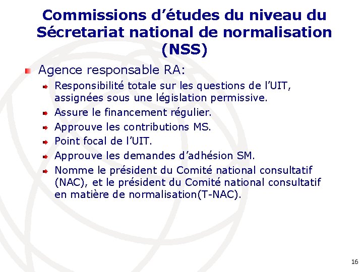 Commissions d’études du niveau du Sécretariat national de normalisation (NSS) Agence responsable RA: Responsibilité