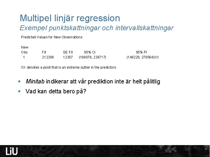 Multipel linjär regression Exempel punktskattningar och intervallskattningar Predicted Values for New Observations New Obs