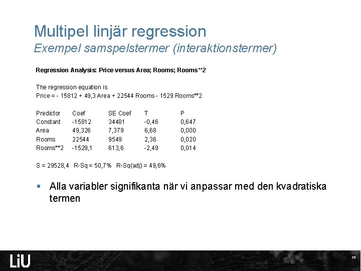 Multipel linjär regression Exempel samspelstermer (interaktionstermer) Regression Analysis: Price versus Area; Rooms**2 The regression