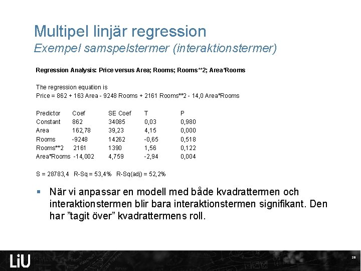 Multipel linjär regression Exempel samspelstermer (interaktionstermer) Regression Analysis: Price versus Area; Rooms**2; Area*Rooms The