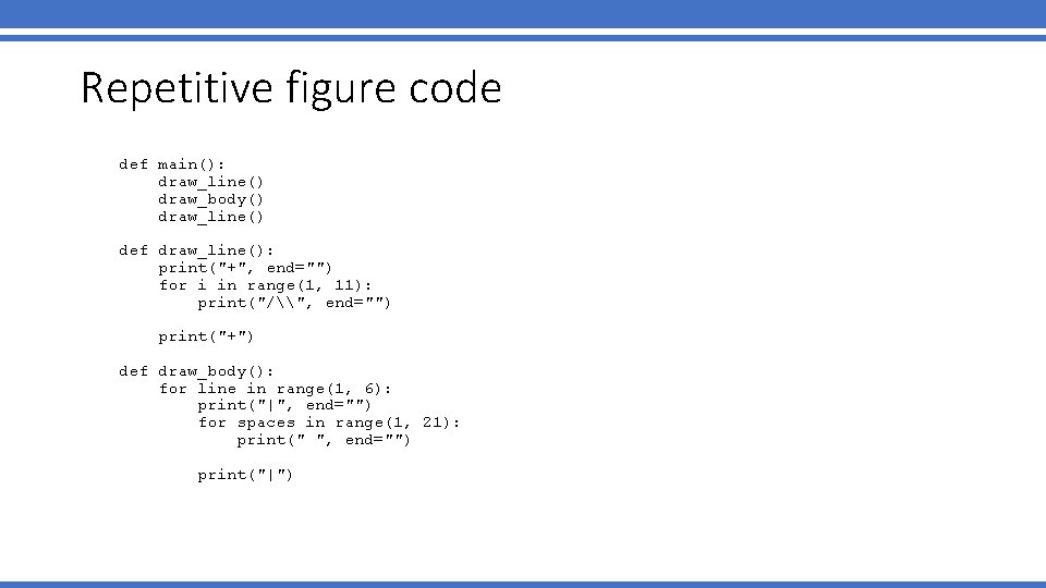 Repetitive figure code def main(): draw_line() draw_body() draw_line() def draw_line(): print("+", end="") for i
