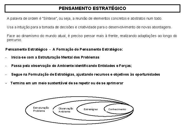 PENSAMENTO ESTRATÉGICO A palavra de ordem é “Síntese”, ou seja, a reunião de elementos