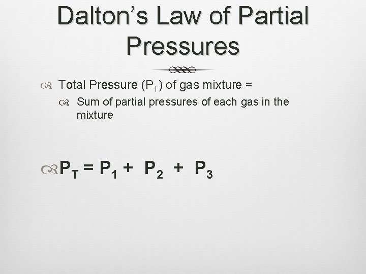 Dalton’s Law of Partial Pressures Total Pressure (PT) of gas mixture = Sum of