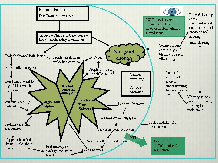 Historical Factors – Past Traumas – neglect EXIT – seeing eye – caring –