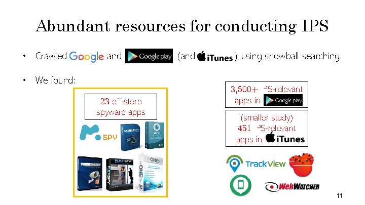 Abundant resources for conducting IPS • Crawled and • We found: 23 off-store spyware