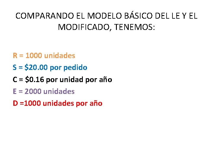 COMPARANDO EL MODELO BÁSICO DEL LE Y EL MODIFICADO, TENEMOS: R = 1000 unidades