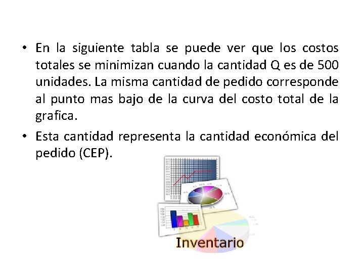  • En la siguiente tabla se puede ver que los costos totales se