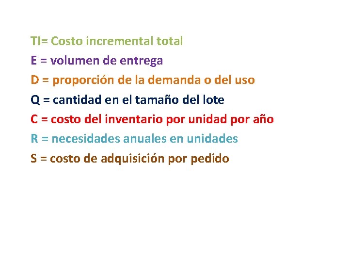 TI= Costo incremental total E = volumen de entrega D = proporción de la