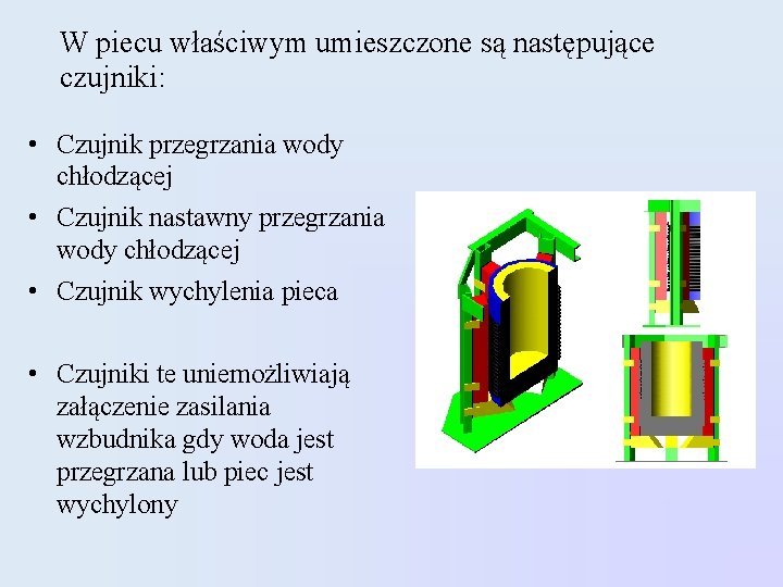 W piecu właściwym umieszczone są następujące czujniki: • Czujnik przegrzania wody chłodzącej • Czujnik