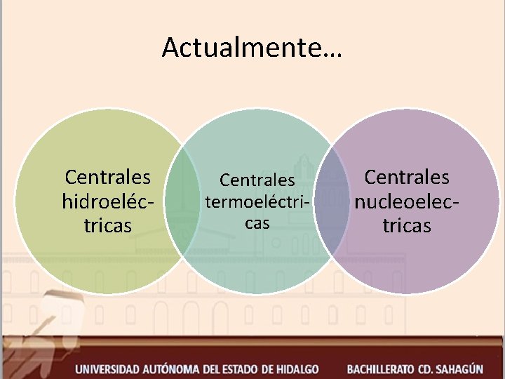 Actualmente… Centrales hidroeléctricas Centrales termoeléctricas Centrales nucleoelectricas 