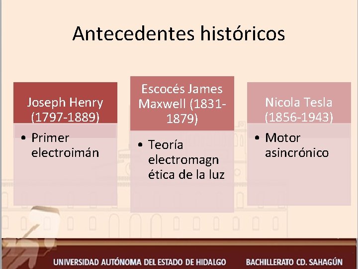 Antecedentes históricos Joseph Henry (1797 -1889) • Primer electroimán Escocés James Maxwell (18311879) •