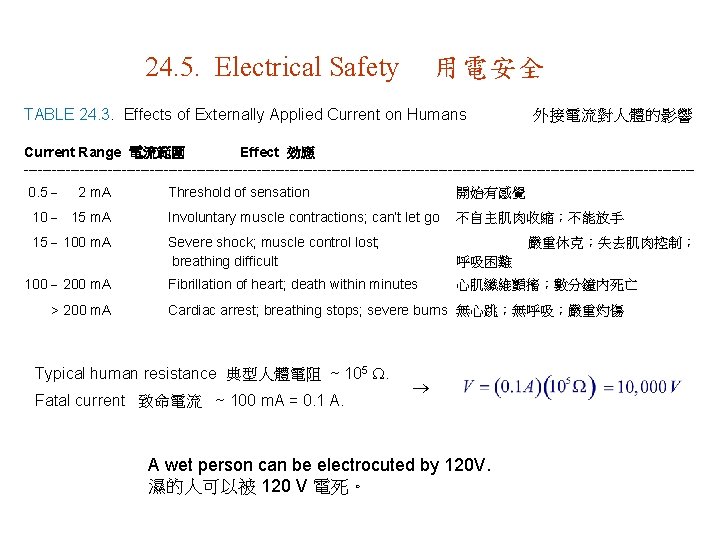 24. 5. Electrical Safety 用電安全 TABLE 24. 3. Effects of Externally Applied Current on