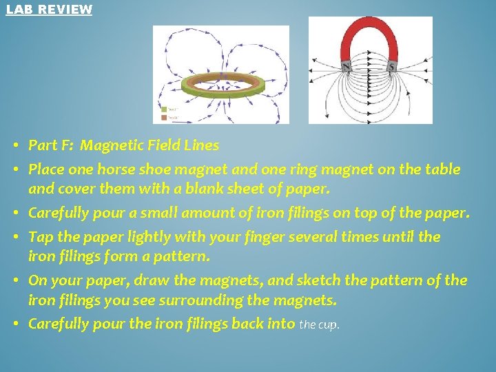 LAB REVIEW • Part F: Magnetic Field Lines • Place one horse shoe magnet