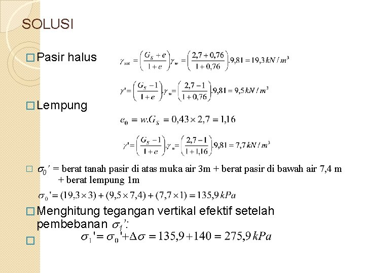 SOLUSI � Pasir halus � Lempung � 0’ = berat tanah pasir di atas