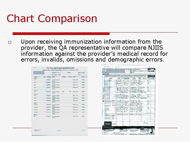 Chart Comparison o Upon receiving immunization information from the provider, the QA representative will