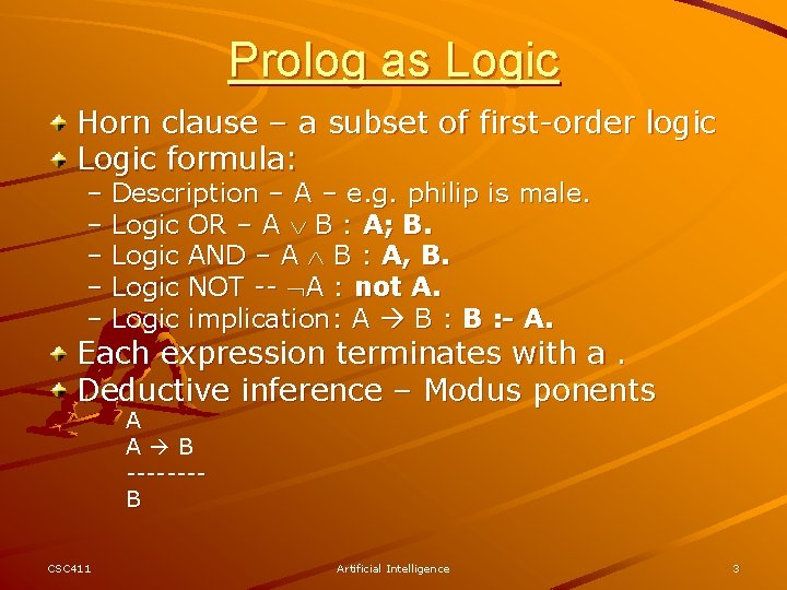 Chapter 15 An Introduction to PROLOG Contents Syntax