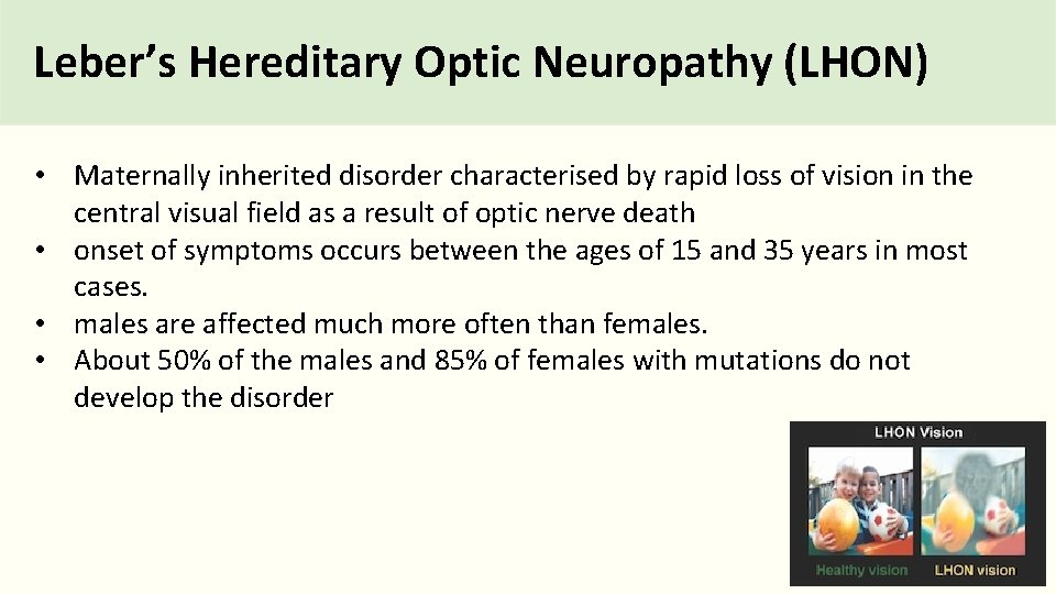 Leber’s Hereditary Optic Neuropathy (LHON) • Maternally inherited disorder characterised by rapid loss of