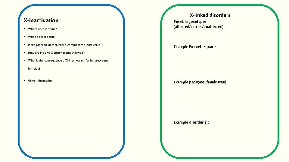 X-inactivation • Where does it occur? X-linked disorders Possible genotypes (affected/carrier/unaffected): • When does