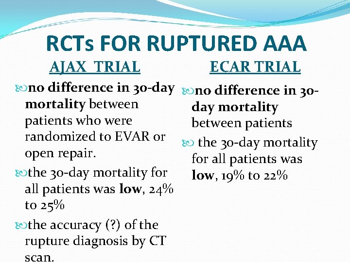 RCTs FOR RUPTURED AAA AJAX TRIAL ECAR TRIAL no difference in 30 -day no