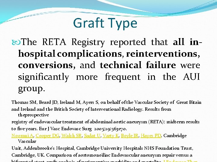 Graft Type The RETA Registry reported that all inhospital complications, reinterventions, conversions, and technical