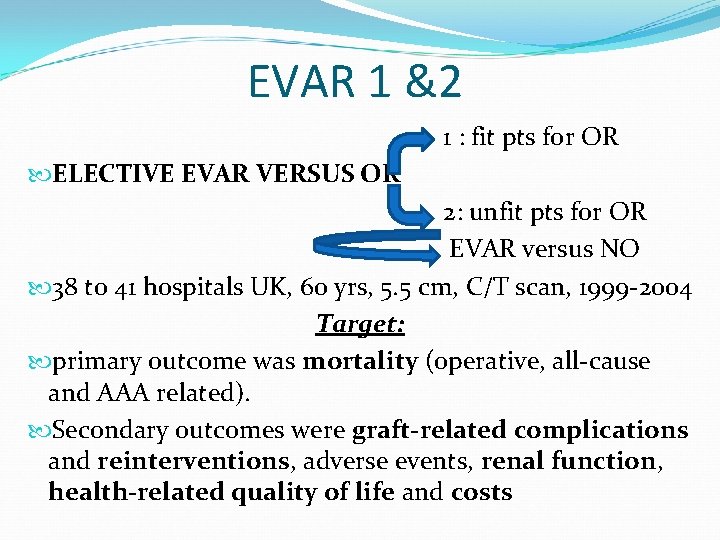 EVAR 1 &2 1 : fit pts for OR ELECTIVE EVAR VERSUS OR 2: