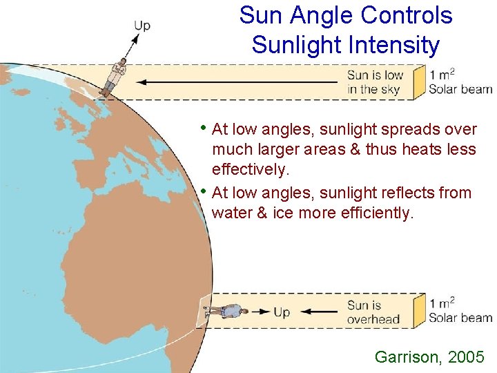 Sun Angle Controls Sunlight Intensity • At low angles, sunlight spreads over • much