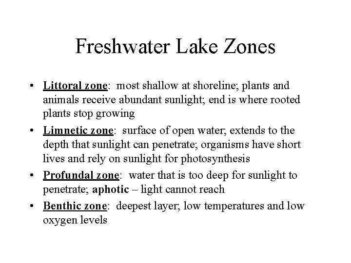 Freshwater Lake Zones • Littoral zone: most shallow at shoreline; plants and animals receive