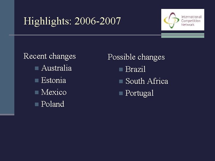 Highlights: 2006 -2007 Recent changes n Australia n Estonia n Mexico n Poland Possible