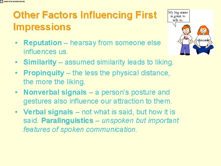 Other Factors Influencing First Impressions • Reputation – hearsay from someone else influences us.