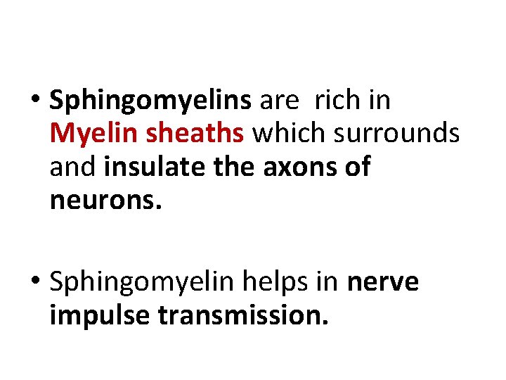  • Sphingomyelins are rich in Myelin sheaths which surrounds and insulate the axons