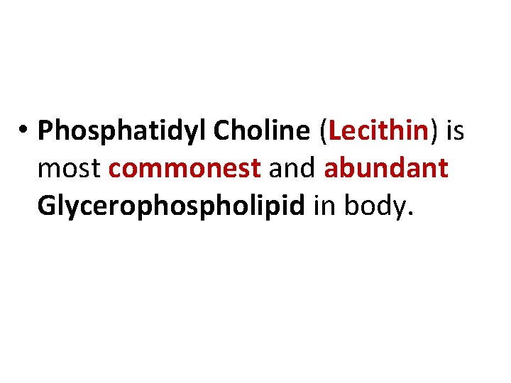  • Phosphatidyl Choline (Lecithin) is most commonest and abundant Glycerophospholipid in body. 