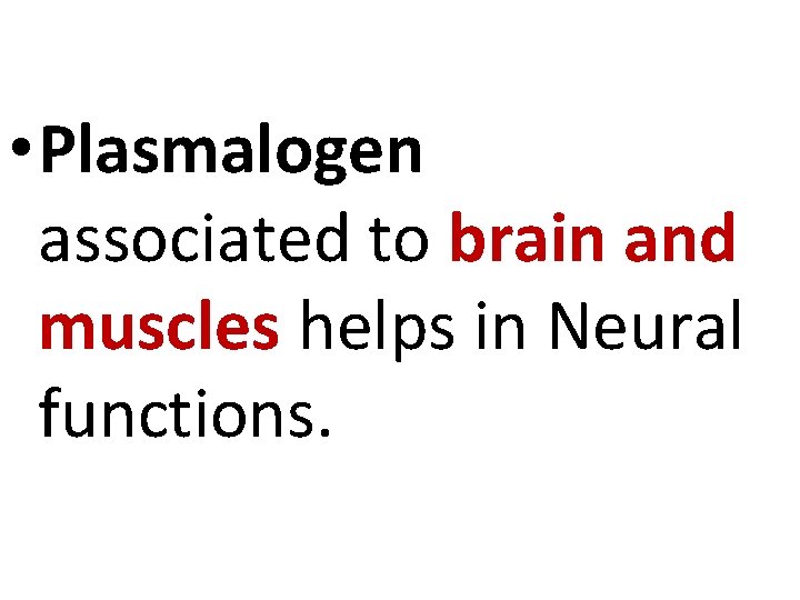  • Plasmalogen associated to brain and muscles helps in Neural functions. 