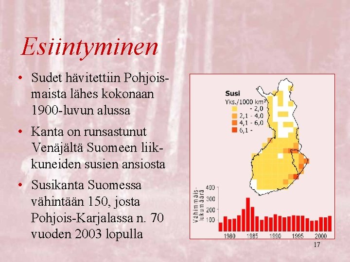 Esiintyminen • Sudet hävitettiin Pohjoismaista lähes kokonaan 1900 -luvun alussa • Kanta on runsastunut