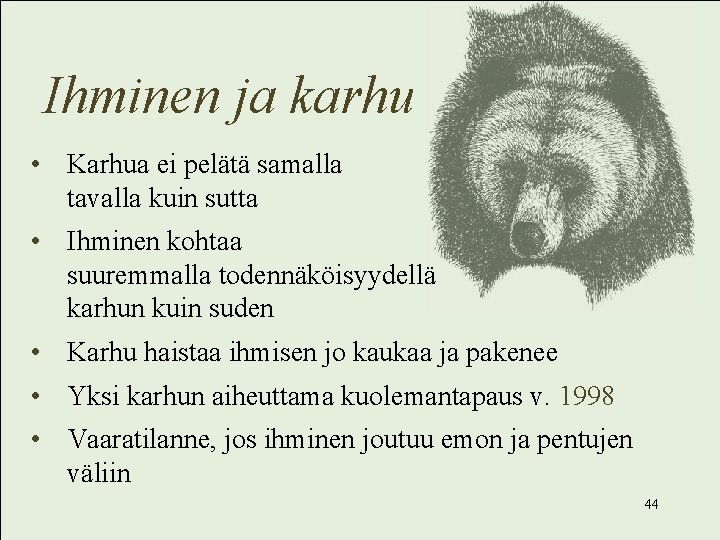 Ihminen ja karhu • Karhua ei pelätä samalla tavalla kuin sutta • Ihminen kohtaa