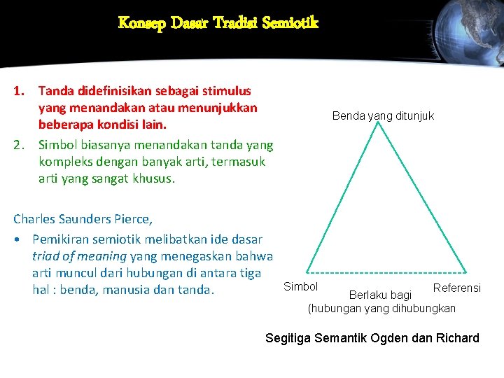 Konsep Dasar Tradisi Semiotik 1. Tanda didefinisikan sebagai stimulus yang menandakan atau menunjukkan beberapa