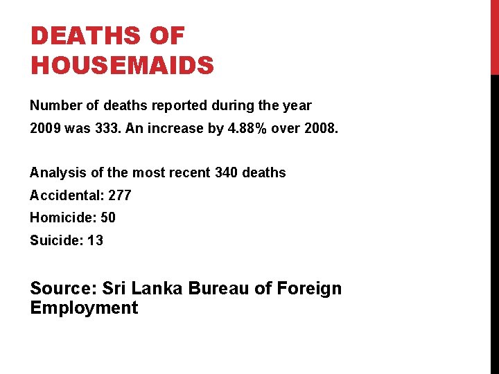 DEATHS OF HOUSEMAIDS Number of deaths reported during the year 2009 was 333. An