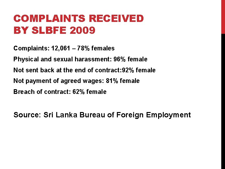 COMPLAINTS RECEIVED BY SLBFE 2009 Complaints: 12, 061 – 78% females Physical and sexual