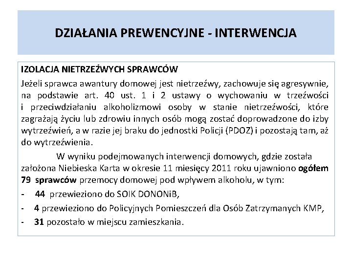 DZIAŁANIA PREWENCYJNE - INTERWENCJA IZOLACJA NIETRZEŹWYCH SPRAWCÓW Jeżeli sprawca awantury domowej jest nietrzeźwy, zachowuje DZIAŁANIA PREWENCYJNE - INTERWENCJA IZOLACJA NIETRZEŹWYCH SPRAWCÓW Jeżeli sprawca awantury domowej jest nietrzeźwy, zachowuje