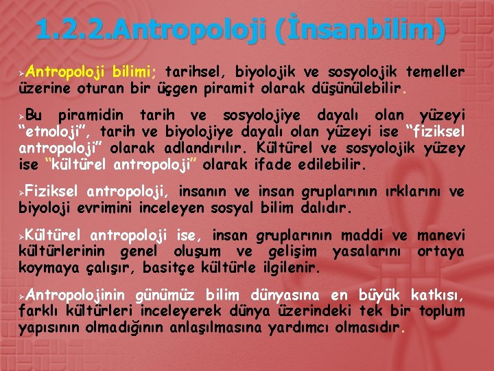 1. 2. 2. Antropoloji (İnsanbilim) Antropoloji bilimi; tarihsel, biyolojik ve sosyolojik temeller üzerine oturan