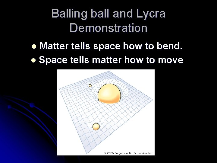 Balling ball and Lycra Demonstration Matter tells space how to bend. l Space tells