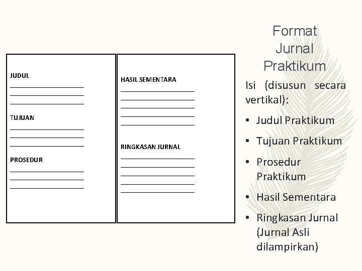 JUDUL _____________________ TUJUAN _____________________ PROSEDUR _____________________ Format Jurnal Praktikum HASIL SEMENTARA _____________________ ___________ RINGKASAN