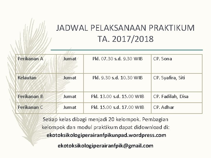 JADWAL PELAKSANAAN PRAKTIKUM TA. 2017/2018 Perikanan A Jumat Pkl. 07. 30 s. d. 9.