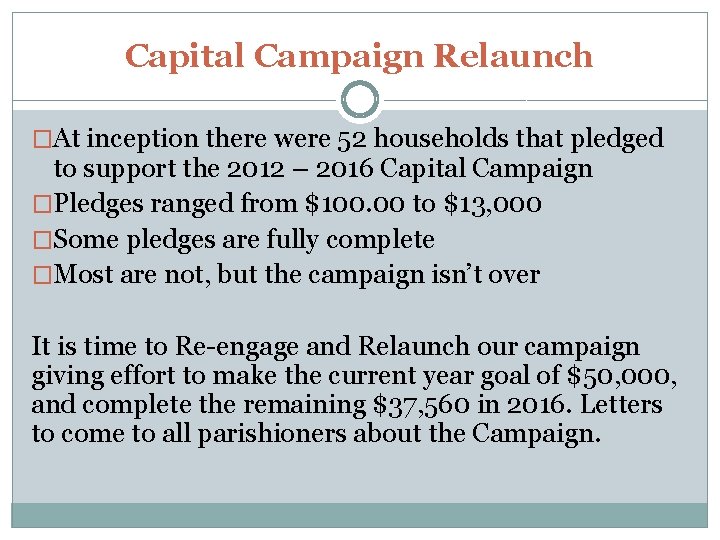 Capital Campaign Relaunch �At inception there were 52 households that pledged to support the