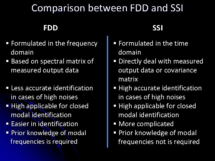 Comparison between FDD and SSI FDD SSI § Formulated in the frequency domain §
