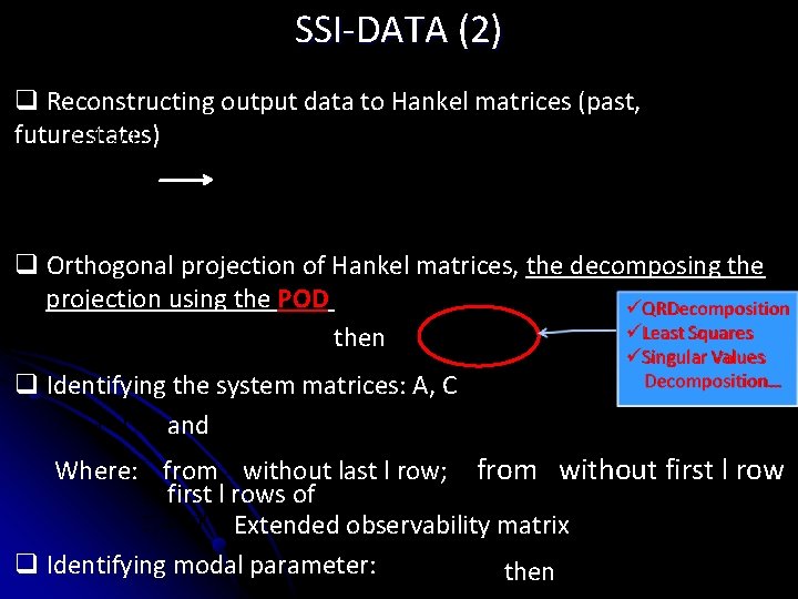 SSI-DATA (2) q Reconstructing output data to Hankel matrices (past, futurestates) q Orthogonal projection