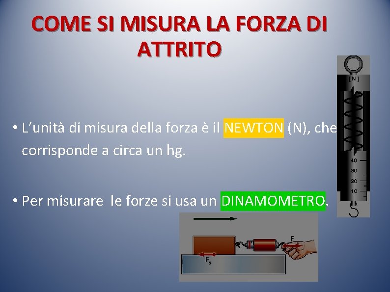 COME SI MISURA LA FORZA DI ATTRITO • L’unità di misura della forza è