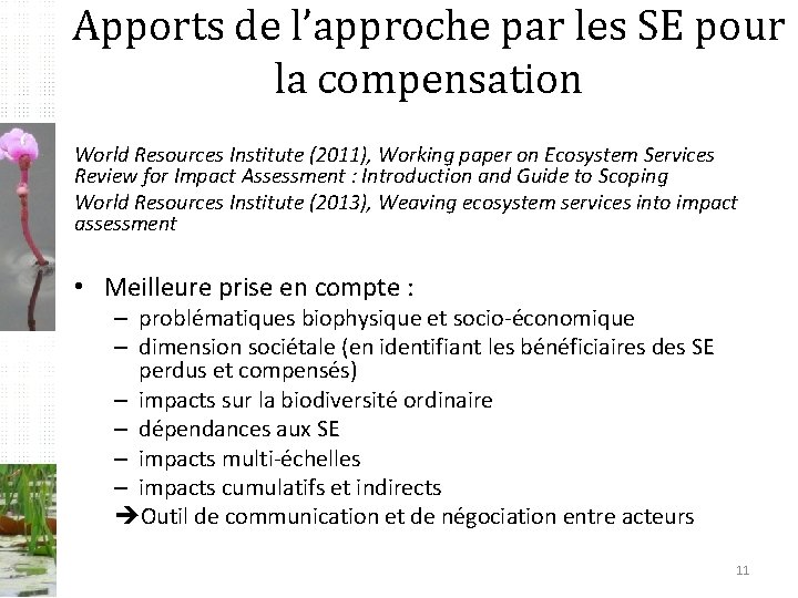 Apports de l’approche par les SE pour la compensation World Resources Institute (2011), Working