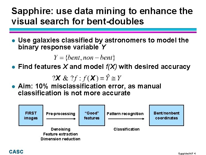 Sapphire: use data mining to enhance the visual search for bent-doubles l Use galaxies Sapphire: use data mining to enhance the visual search for bent-doubles l Use galaxies