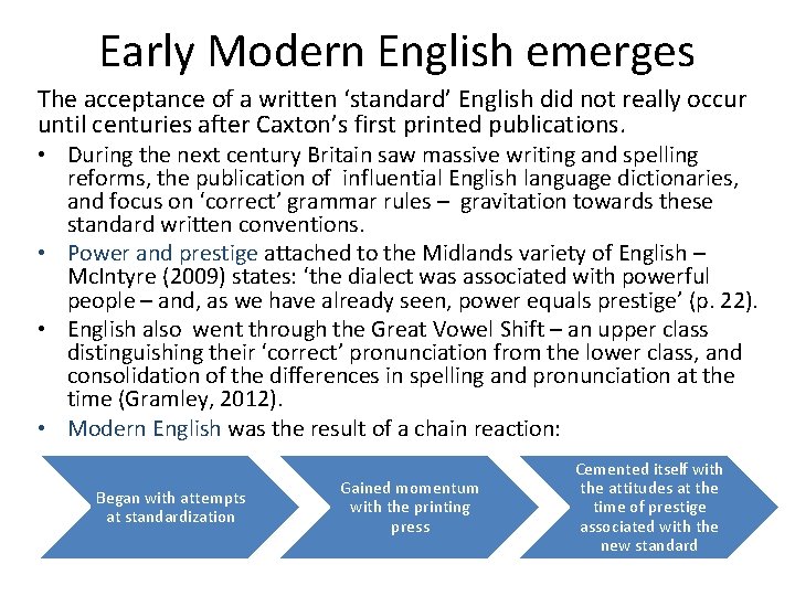 Early Modern English emerges The acceptance of a written ‘standard’ English did not really